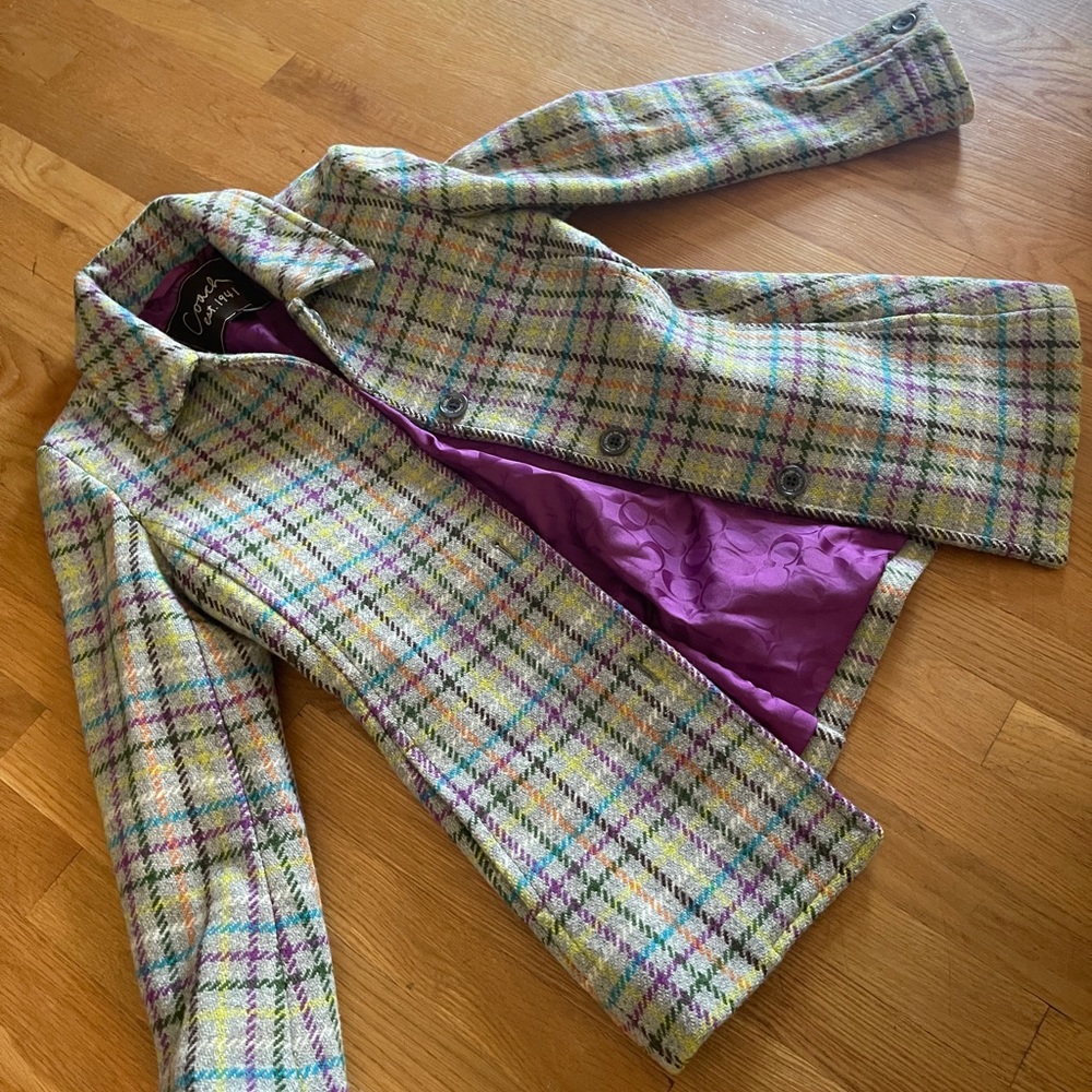 COACH Wool Purple and Gray Plaid Peacoat XS - Picture 2 of 7